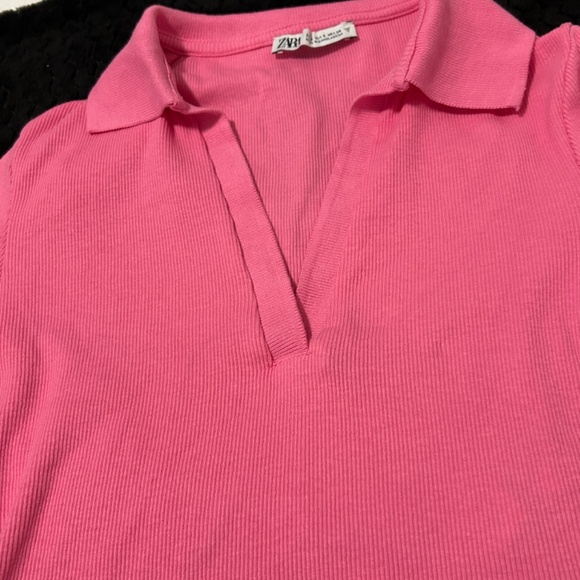 Women's Zara Cropped Hot Pink Ribbed Polo Shirt - SMALL - Picture 8 of 10